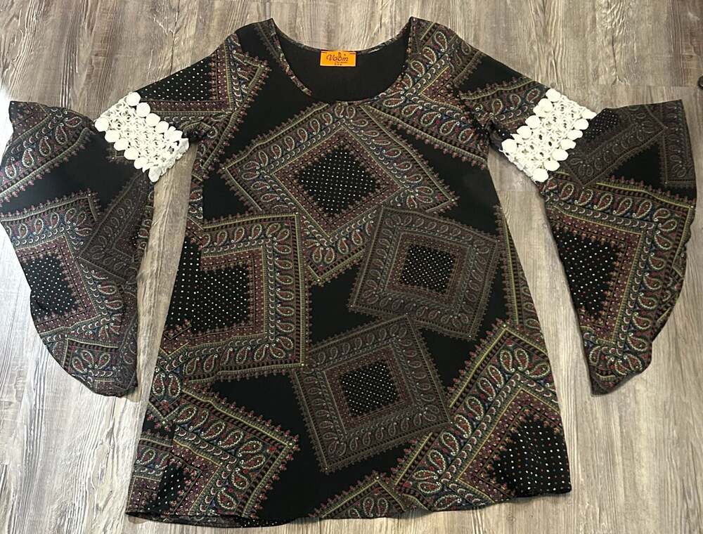 Voom by Joy Han Paisley Print Long Bell Sleeve Mini Dress with Crochet Detail